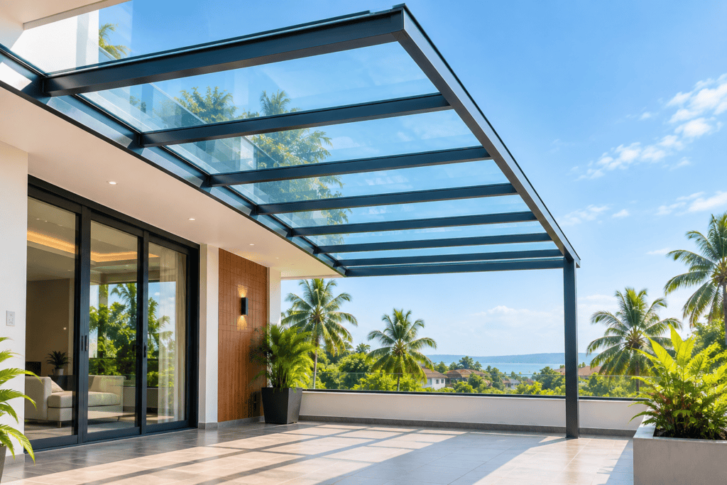 Glass roofing canopy installation on a modern home terrace in Kerala